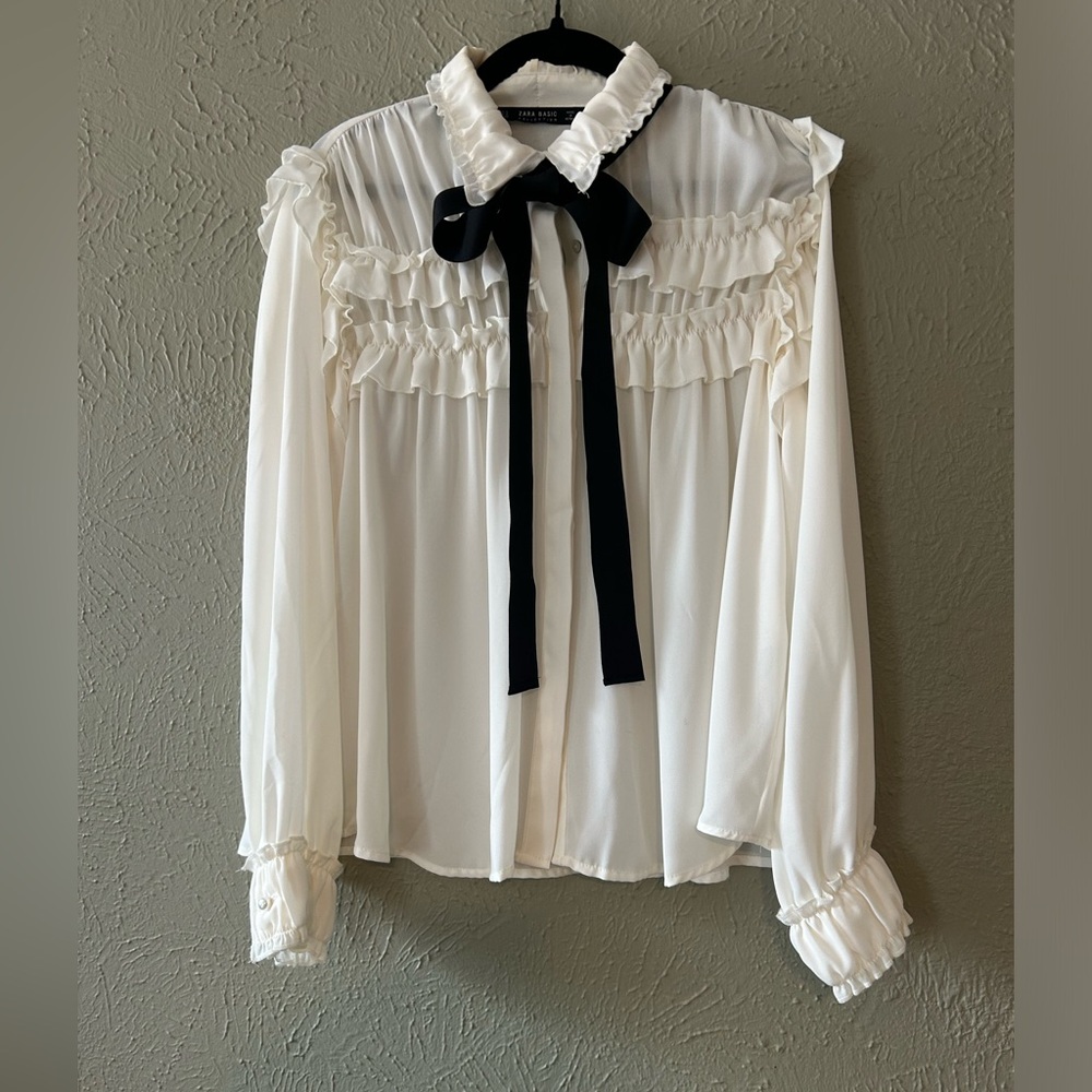 Zara Long Sleeve Shirts with buttons/ Cream/ Black Size S - Picture 4 of 11